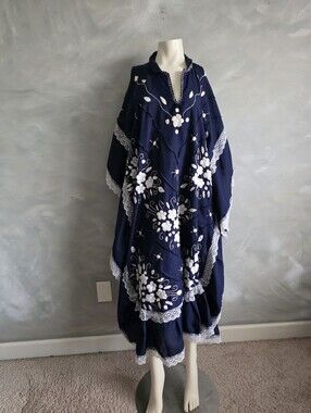 Vtg Blue White Mexican Floral Hand Embroidered Lace Huipil Maxi Dress